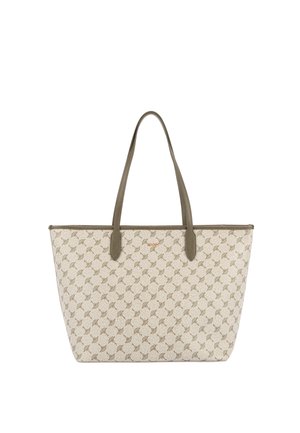 Borsa a tracolla in tela beige con motivo ripetuto; presenta due manici verde oliva e una forma strutturata. Nessun ulteriore hardware o decorazioni.