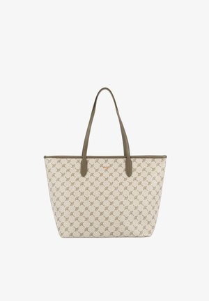 Beige Canvas-Tasche mit sich wiederholendem Muster; ausgestattet mit zwei olivgrünen Griffen und einer strukturierten Form. Keine zusätzlichen Beschläge oder Akzente.