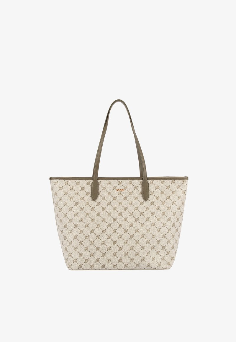 Torba typu tote w beżowym kanwie z powtarzającym się wzorem; posiada dwie oliwkowo-zielone uchwyty i usztywniony kształt. Brak dodatkowych akcesoriów lub zdobień.