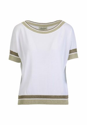 Balts īss piedurkņu tops ar zelta apdari apkaklītē, piedurknēs un apakšmalā, apaļu izgriezumu un vaļēju piegriezumu.