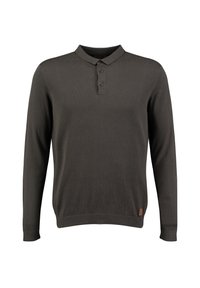 Maglione polo lungo grigio scuro con tre bottoni e polsini e orlo a costine, esposto su uno sfondo bianco.