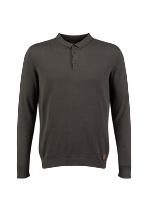 Maglione polo lungo grigio scuro con tre bottoni e polsini e orlo a costine, esposto su uno sfondo bianco.