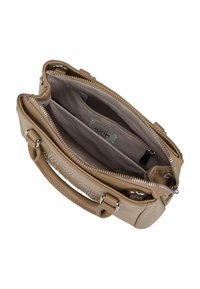 Bežna usnjena torba z zadrgo, dvema ročajema in dvema predeloma. Notranjost ima mehko podlogo in žep z zadrgo.