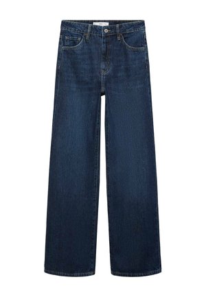Brede donkerblauwe denim jeans met hoge taille, voorzien van vijf zakken en een klassieke knoopsluiting. Glad textuur en rechte snit.