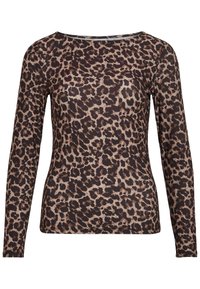 Långärmad, figurnära topp i mjukt tyg med ett leopardsmönster i nyanser av brunt och svart mot en beige bakgrund.