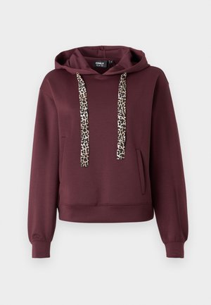 Bordeauxrote Kapuzenjacke mit Leopardenmuster an den Kordeln, einer vorderen Tasche und gerippten Bündchen. Hergestellt aus weichem, dehnbaren Material für zusätzlichen Komfort.