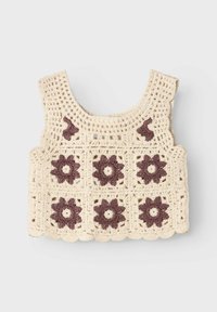 Top all'uncinetto di colore crema con motivi floreali marrone scuro. Presenta forme quadrate e bordi ondulati. Tessuto leggero, design senza maniche.