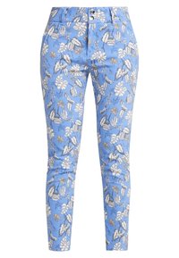 Light blue floral trousers featuring a vibrant pattern of white leaves and gold accents, with a fitted design and two-button closure.