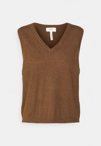 Haut sans manches marron avec un col en V. Confectionné dans un tissu tricoté lisse. Présente une coupe décontractée et un design minimaliste, idéal pour superposer.