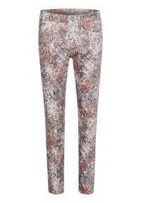 Slim-fit bukser med et flerfarvet abstrakt blomstermønster i nuancer af rød, blå, grøn og beige, med en knap- og lynlåslukning.