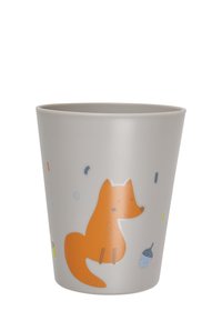 Gray, matte-finish cup featuring an orange fox design with blue and yellow accents. Smooth texture, tapered design.