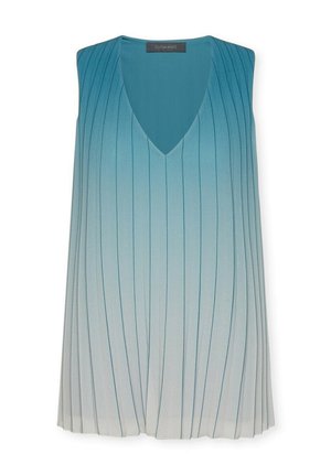 Mouwloze geplooide jurk met een V-hals, voorzien van een blauwe naar lichtgrijze verloopkleur en verticale smalle strepen.