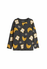 Langärmliges graues Shirt aus Baumwolle, das verspielte gelbe Lebensmittelcharakterdrucke zeigt, darunter Brot und Croissant mit Gesichtsausdrücken.