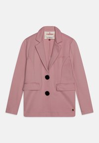 Rosa Blazer aus Stretchstoff mit tailliertem Schnitt. Verfügt über zwei Vorderaschen, zwei schwarze Knöpfe und ein dezentes gesticktes Logodetail.