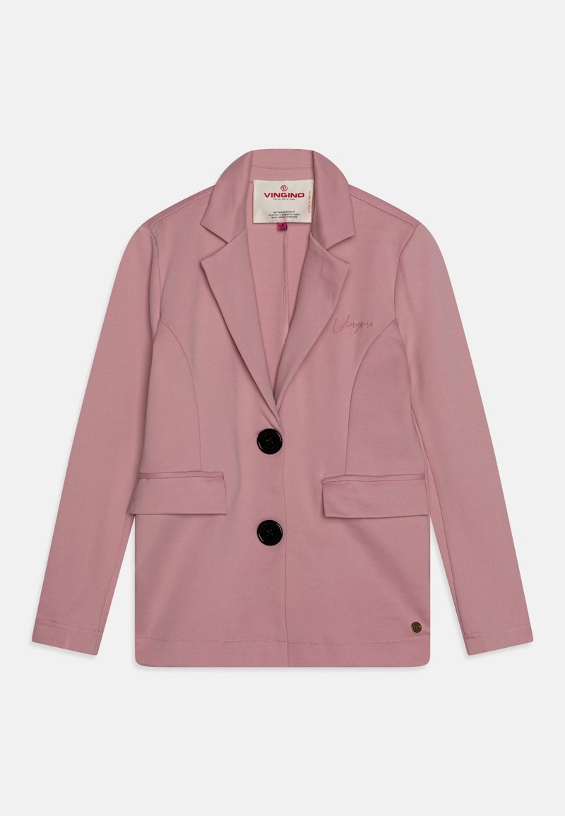 Rosa Blazer aus Stretchstoff mit tailliertem Schnitt. Verfügt über zwei Vorderaschen, zwei schwarze Knöpfe und ein dezentes gesticktes Logodetail.