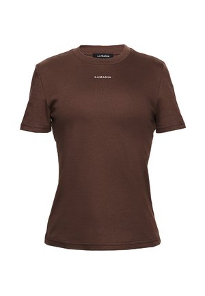 Tricou scurt cu mânecă, de culoare maronie, fabricat din bumbac texturat. Dispune de un guler rotund și un logo subtil alb "LAMANIA" pe piept.