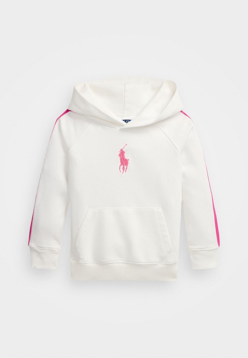Sweat à capuche blanc avec des rayures roses sur les manches et un logo de joueur de polo brodé en rose sur la poitrine, poche avant et poignets côtelés.