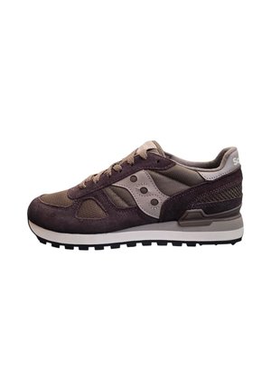 Scarpa da corsa Saucony marrone e beige con tomaia in mesh e suede, chiusura con lacci, suola ammortizzata e suola esterna in gomma testurizzata.
