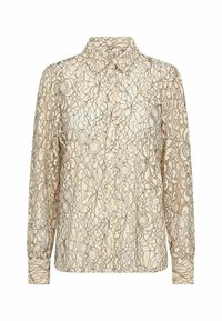 Lace blouse with long sleeves, featuring a cream base and black floral pattern. Button-down design with a classic collar and textured fabric.