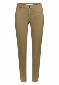 Pantalon kaki ajusté avec fermeture avant par bouton et fermeture éclair, poches avant et arrière, et passants pour ceinture, présenté sur un fond blanc.