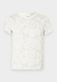 Λευκό κοντομάνικο μπλουζάκι με ανοιχτό γκρι, υπε ρμεγέθη floral σχέδιο και στρογγυλή λαιμόκοψη.