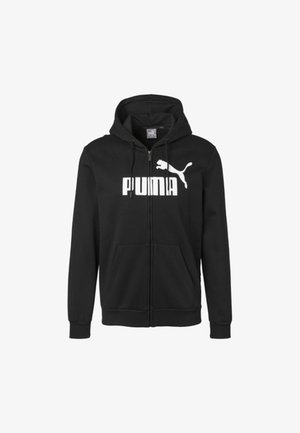 Černá zipová mikina vyrobená z měkkého materiálu, s bílým logem Puma na přední straně, kapucí na šňůrku a předními kapsami.