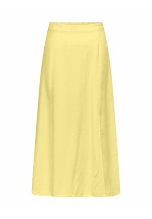 Keltainen midi-hame sileästä, kevyestä kankaasta. Ominaisuuksiin kuuluu suora siluetti ja epäsymmetrinen sivu-aukko, jossa on hienovarainen ompelutyyli.