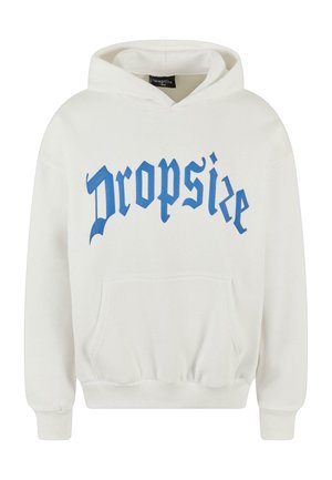Valge kapuutsiga sviiter, millel on sinine gooti stiilis "dropsize" tekst rinna peal, ees tasku ja nööriga kapuuts.