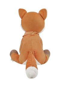 Plush fox toy sitting facing away, orange with white-tipped tail, brown paws, and a small fabric scarf tied around its neck.