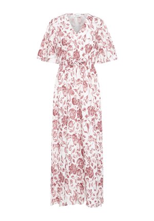 White maxi dress with pink floral print, cinched waist with tie, V-neckline, and short flutter sleeves.