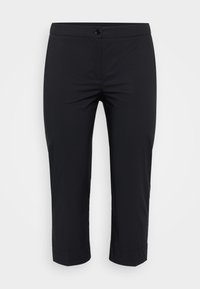 Black cropped pants made from lightweight fabric with a smooth texture. Features a button closure and straight leg design.