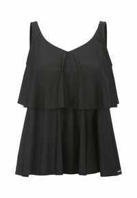 Mustan ilmanhihojen yläosa, jossa on kerroksellinen muotoilu, V-pääntie ja kelluva siluetti, valmistettu pehmeästä kankaasta mukavuutta varten.