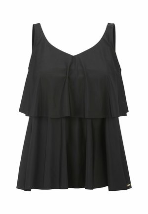 Schwarzes ärmelloses Oberteil mit einem geschichteten Design und V-Ausschnitt, weicher Textur und ausgestellter Silhouette. Dezente goldene Akzente am Saum.