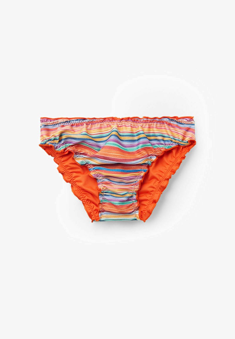 Bunt gemusterter Bikini-Unterteil mit orangefarbener Basis, verziert mit horizontalen Streifen in Pink, Blau und Lila. Gerüschte Textur an den Seiten.