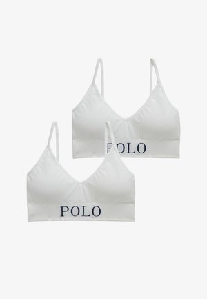 Valkoinen puuvillainen bralette-setti säädettävillä olkaimilla, v-pääntiellä ja tummansinisellä "POLO"-logolla nauhassa. Pehmeä rakenne, saumaton valmistus.