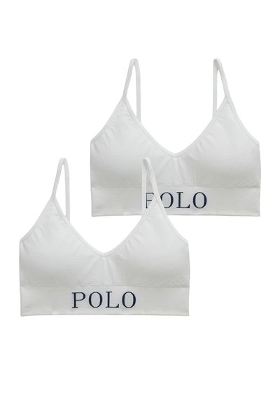 Bílá bavlněná souprava braletky s nastavitelnými ramínky, výstřihem do V a tmavě modrým logem "POLO" na pásku. Měkká textura, bezešvá konstrukce.
