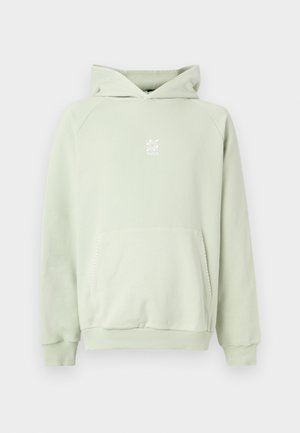 Lysegrøn hættetrøje med frontlomme og lille hvidt logo centreret på brystet, lange ærmer samt ribstrikkede manchetter og bund.