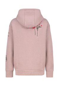 Rosa Kapuzenpullover mit weichem Stoff, einer Kapuze und Blumenstickerei auf der Rückseite. Mit gerippten Bündchen und Bund.