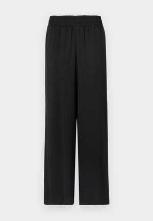 Pantalon large noir avec une taille élastique, fabriqué dans un tissu lisse et léger. Présente une coupe droite et sans motifs visibles.