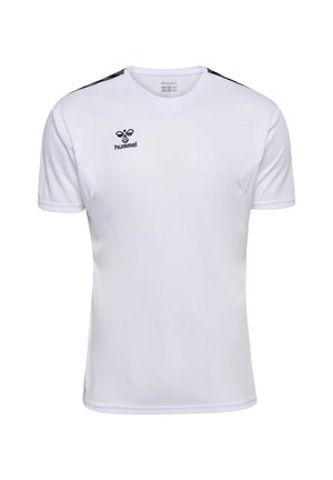 Witte sportshirt gemaakt van ademende stof, met een V-hals, korte mouwen en zwarte accenten op de schouders. Hummel-logo in zwart.