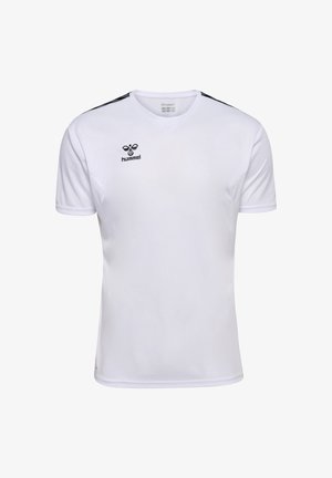 Witte sportshirt gemaakt van ademende stof, met een V-hals, korte mouwen en zwarte accenten op de schouders. Hummel-logo in zwart.
