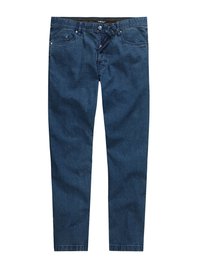 Jeans de mezclilla azul oscuro, con un diseño clásico de cinco bolsillos, corte recto y una textura sutil con detalles en metal.