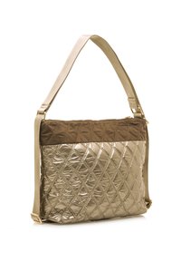 Borsa a spalla in oro metallizzato trapuntato con parte superiore in tessuto marrone, caratterizzata da una tracolla regolabile e un motivo a diamante sulla superficie.