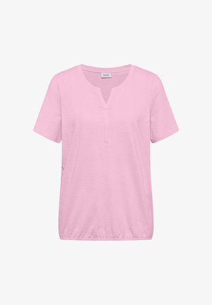 Světlounce růžová košile s krátkými rukávy, kulatým výstřihem s výřezem a elastickým lemováním, vyrobená z měkké látky.