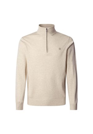 Beige pullover trui met een hoge kraag en een kwart rits. Zachte textuur, geribde manchetten en zoom, met een klein logo op de borst.