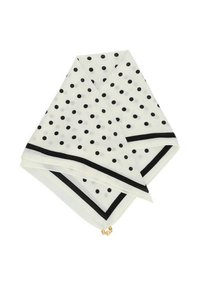 Jedwabny szal z białym tłem, czarnymi grochami i czarną obwódką. Uroku dodaje złoty akcent w rogu.