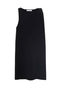 Black sleeveless dress with an asymmetrical design, smooth texture, knee-length, and a subtle drape on one shoulder. No visible fastenings.