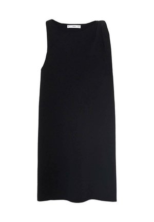 Schwarzes ärmelloses Kleid mit asymmetrischem Design, glatter Textur, knielang und mit einem sanften Fall an einer Schulter. Keine sichtbaren Verschlüsse.