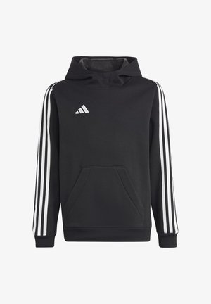 Czarna bluza z kapturem o miękkiej teksturze, z przednią kieszenią, regulowanym kapturem i trzema białymi paskami na każdym rękawie. Zawiera logo Adidas.