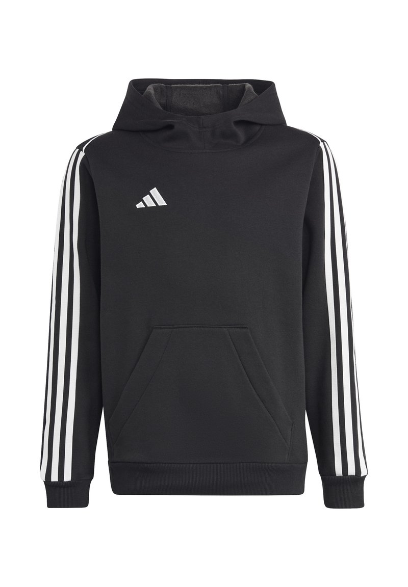 Schwarze Kapuzenjacke mit weicher Textur, ausgestattet mit einer Vordertasche, verstellbarer Kapuze und drei weißen Streifen auf jedem Arm. Enthält das Adidas-Logo.